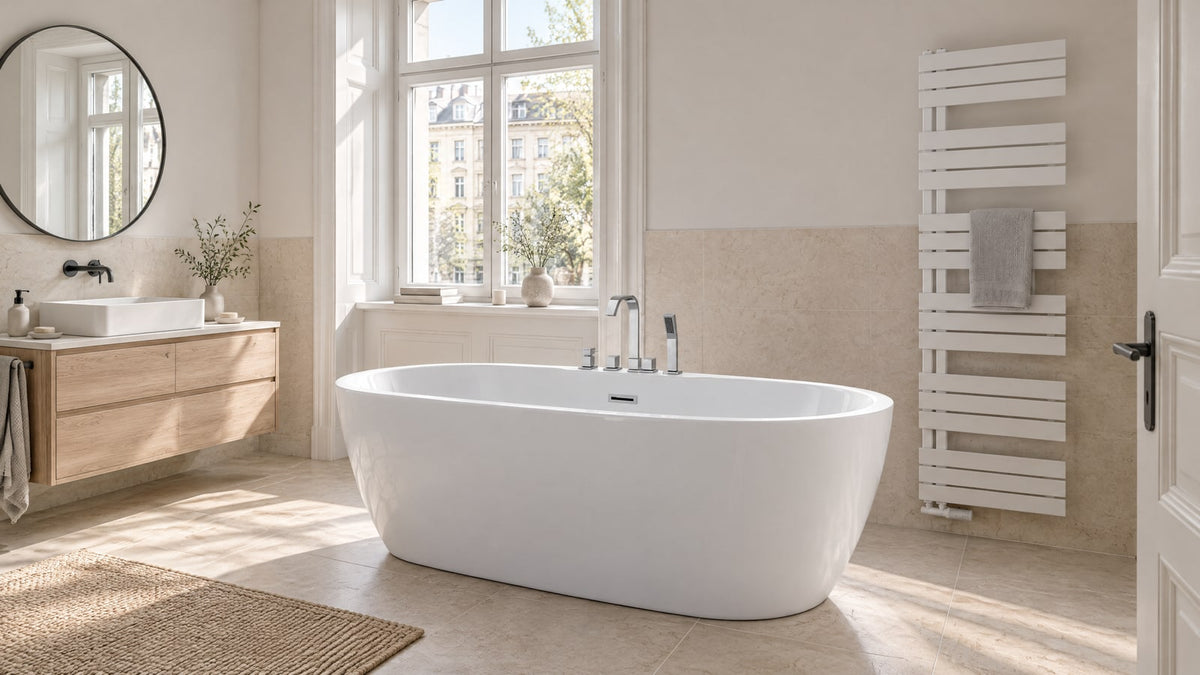 Frisch renoviertes, helles Badezimmer mit freistehender Badewanne und Badheizkörper