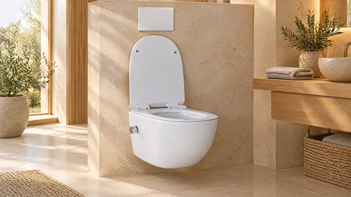 Hänge WC mit Bidetfunktion in Weiß an der Wand eines hellen, modernen Badezimmers