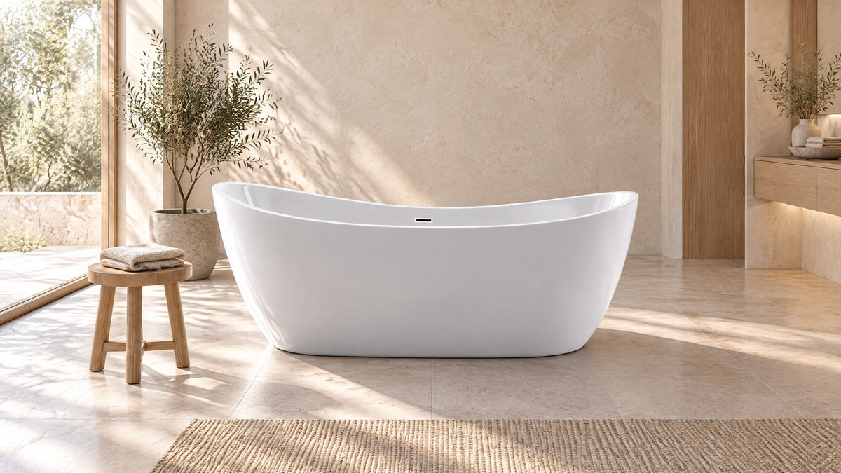 Freistehende Badewanne aus weißem Acryl in einem hellen, modernen Badezimmer