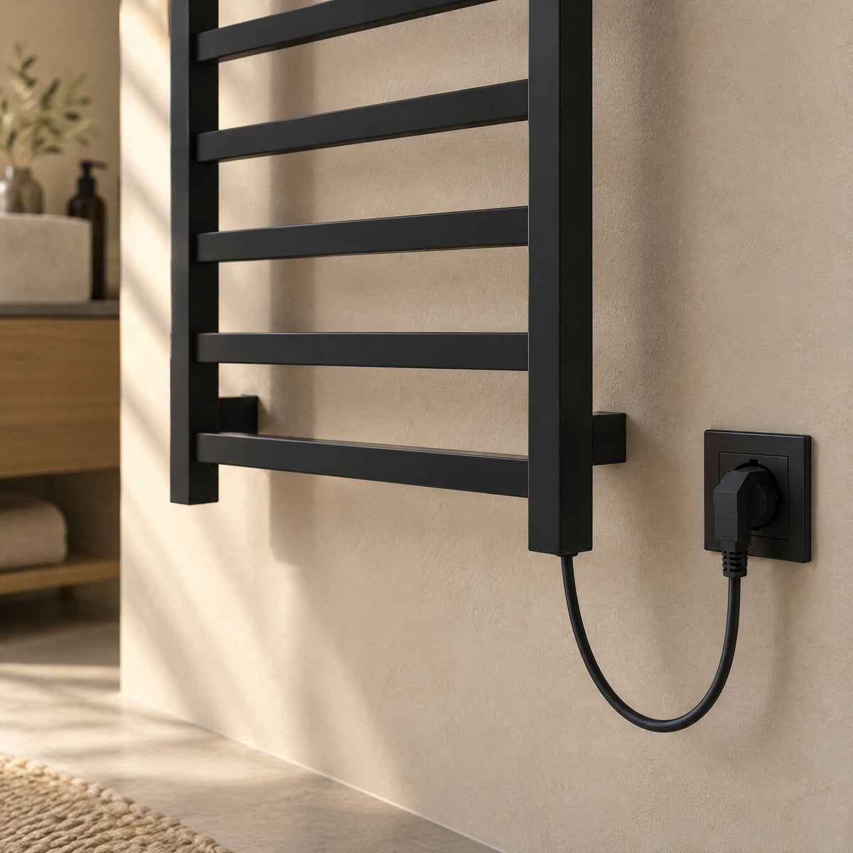 Badheizkörper GRANADA elektrisch in Schwarz, Anschlusskabel unten mit Stecker an der Steckdose