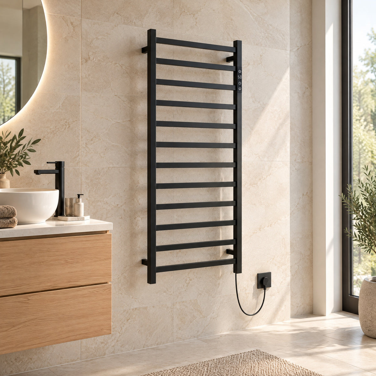 Badheizkörper GRANADA elektrisch in Schwarz, 50 x 120 cm im Bad neben dem Waschtisch