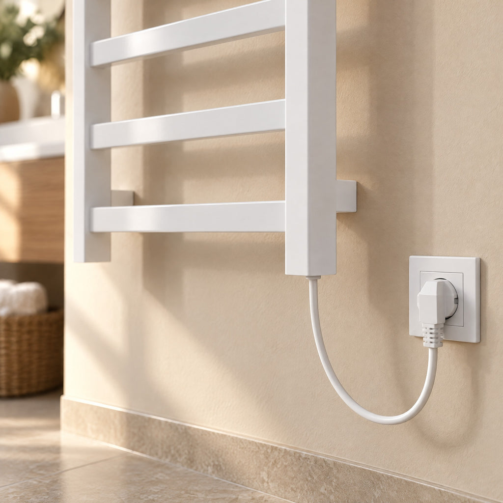 Badheizkörper GRANADA elektrisch in Weiß, Anschlusskabel unten mit Stecker an der Steckdose
