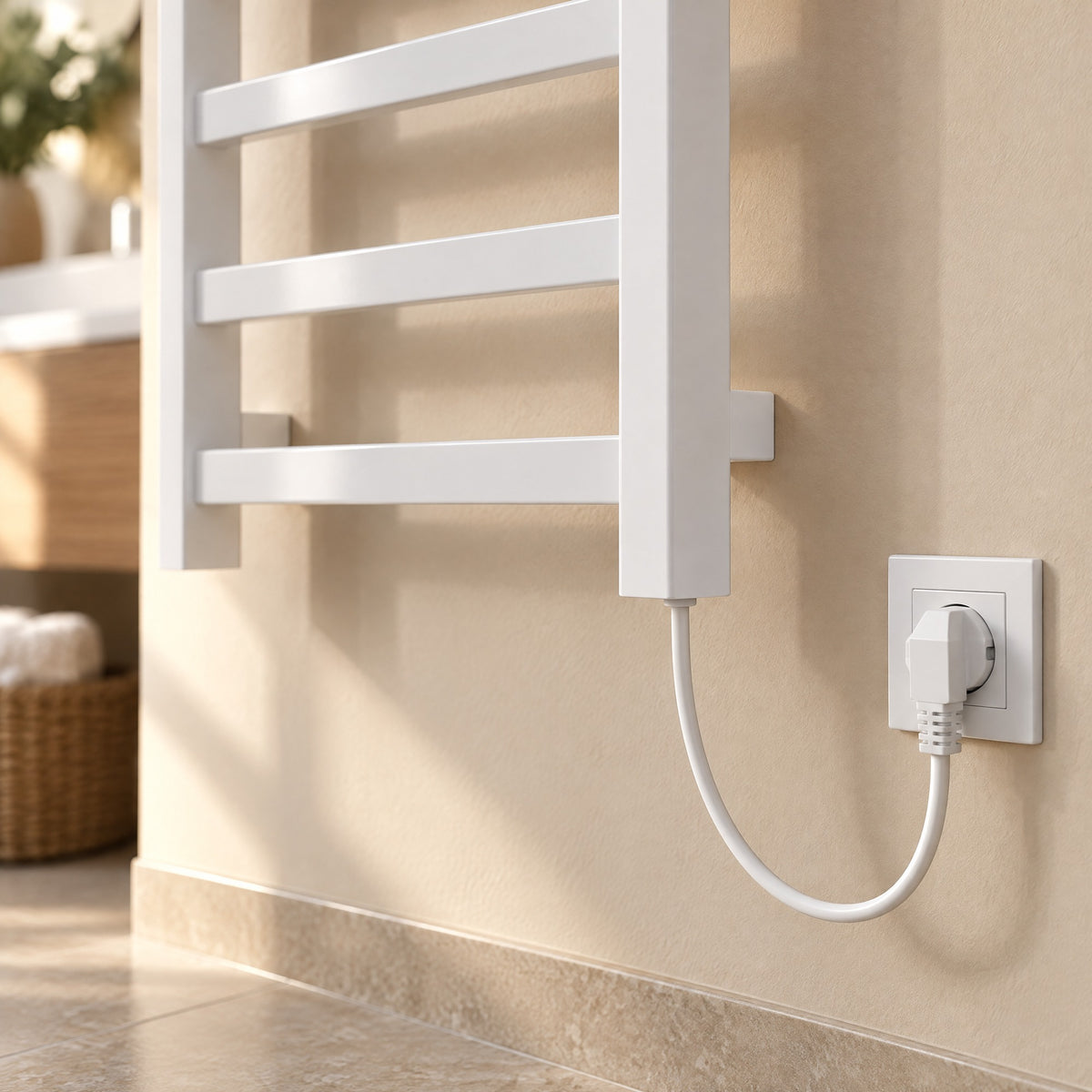 Badheizkörper GRANADA elektrisch in Weiß, Anschlusskabel unten mit Stecker an der Steckdose