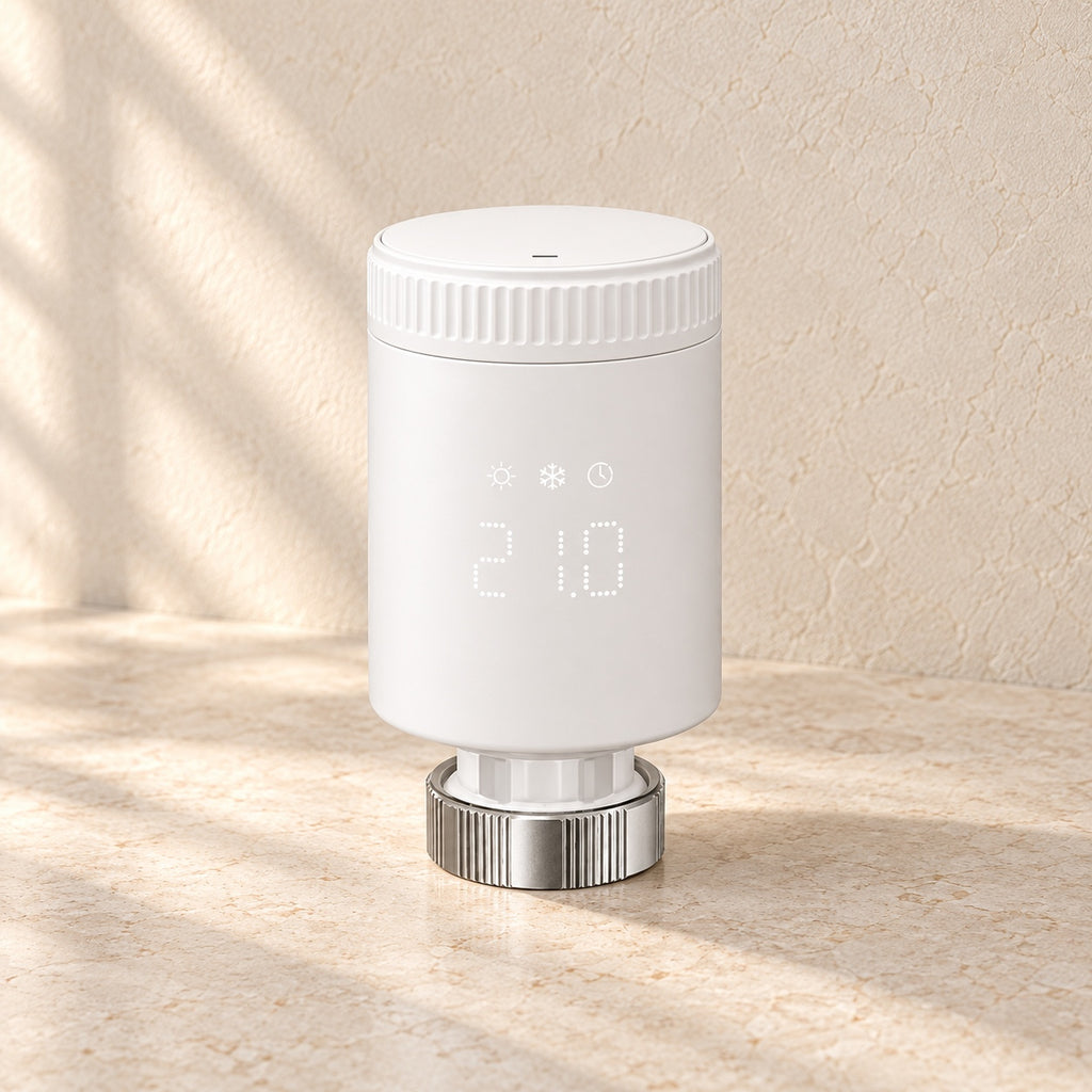 Smart Heizkörperthermostat Zigbee in Weiß mit Display, Produktfoto