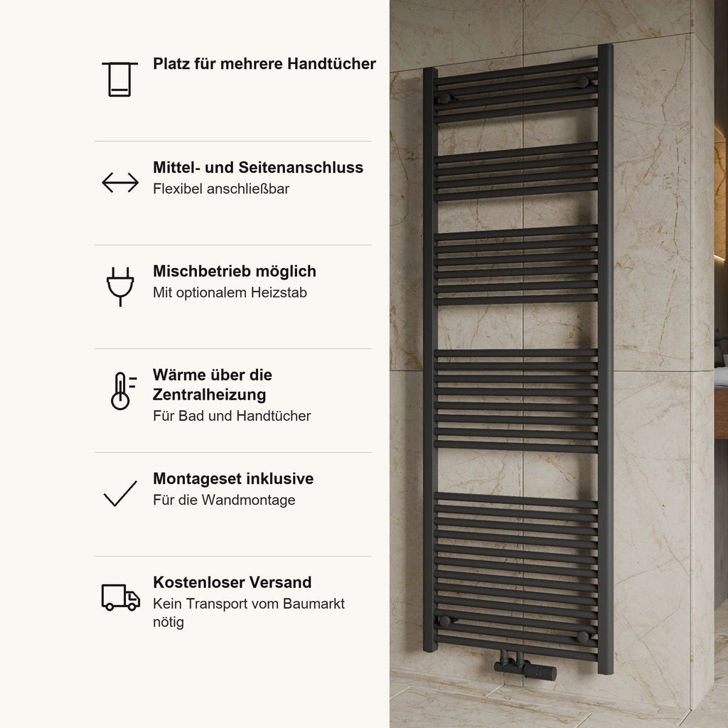 Badheizkörper ICON in Anthrazit, Vorteile im Überblick: Platz für mehrere Handtücher, Mittelanschluss und Seitenanschluss, Mischbetrieb mit optionalem Heizstab, Wärme über die Zentralheizung, Montageset für die Wandmontage inklusive, kostenloser Versand