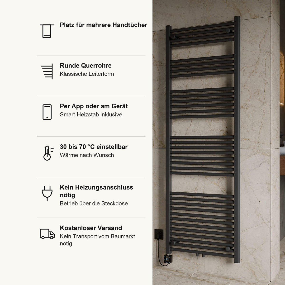 Badheizkörper ICON elektrisch in Anthrazit, Vorteile im Überblick: Platz für mehrere Handtücher, runde Querrohre in klassischer Leiterform, Smart Heizstab inklusive, per App oder am Gerät, 30 bis 70 °C einstellbar, kein Heizungsanschluss nötig, Betrieb über die Steckdose, kostenloser Versand