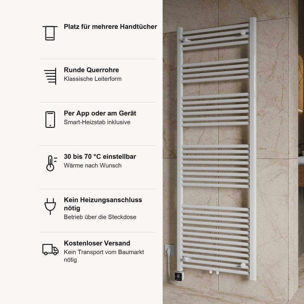 Badheizkörper ICON elektrisch in Weiß, Vorteile im Überblick: Platz für mehrere Handtücher, runde Querrohre in klassischer Leiterform, Smart Heizstab inklusive, per App oder am Gerät, 30 bis 70 °C einstellbar, kein Heizungsanschluss nötig, Betrieb über die Steckdose, kostenloser Versand
