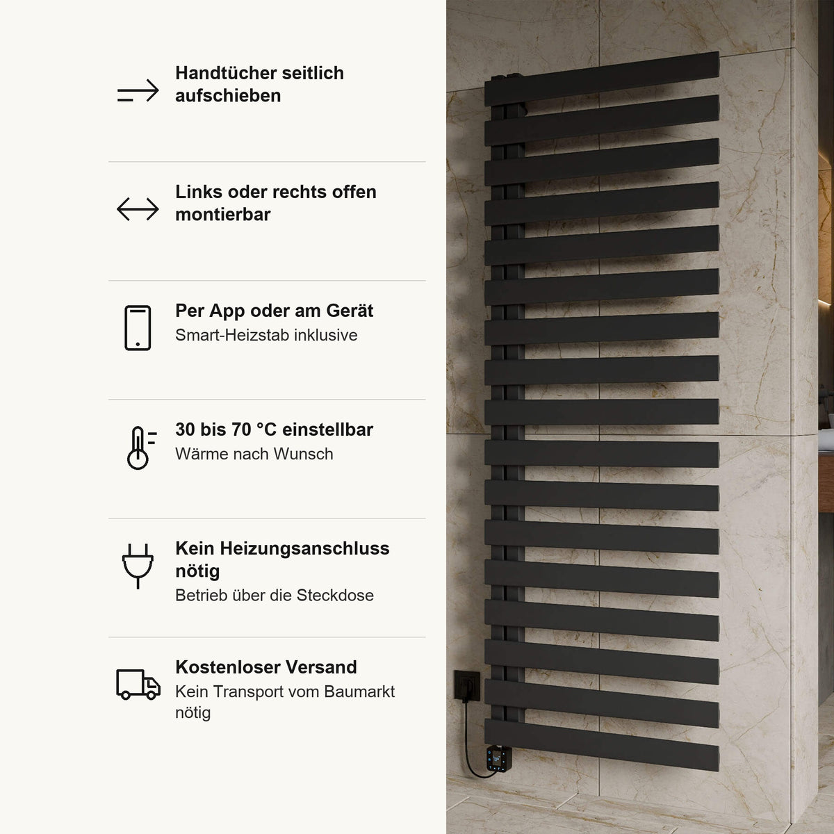Badheizkörper IMPULSE elektrisch in Anthrazit, Vorteile im Überblick: Handtücher seitlich aufschieben, links oder rechts offen montierbar, Smart Heizstab inklusive, per App oder am Gerät, 30 bis 70 °C einstellbar, kein Heizungsanschluss nötig, Betrieb über die Steckdose, kostenloser Versand