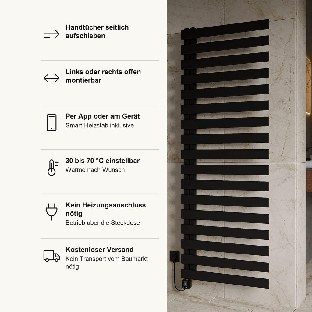 Badheizkörper IMPULSE elektrisch in Schwarz, Vorteile im Überblick: Handtücher seitlich aufschieben, links oder rechts offen montierbar, Smart Heizstab inklusive, per App oder am Gerät, 30 bis 70 °C einstellbar, kein Heizungsanschluss nötig, Betrieb über die Steckdose, kostenloser Versand