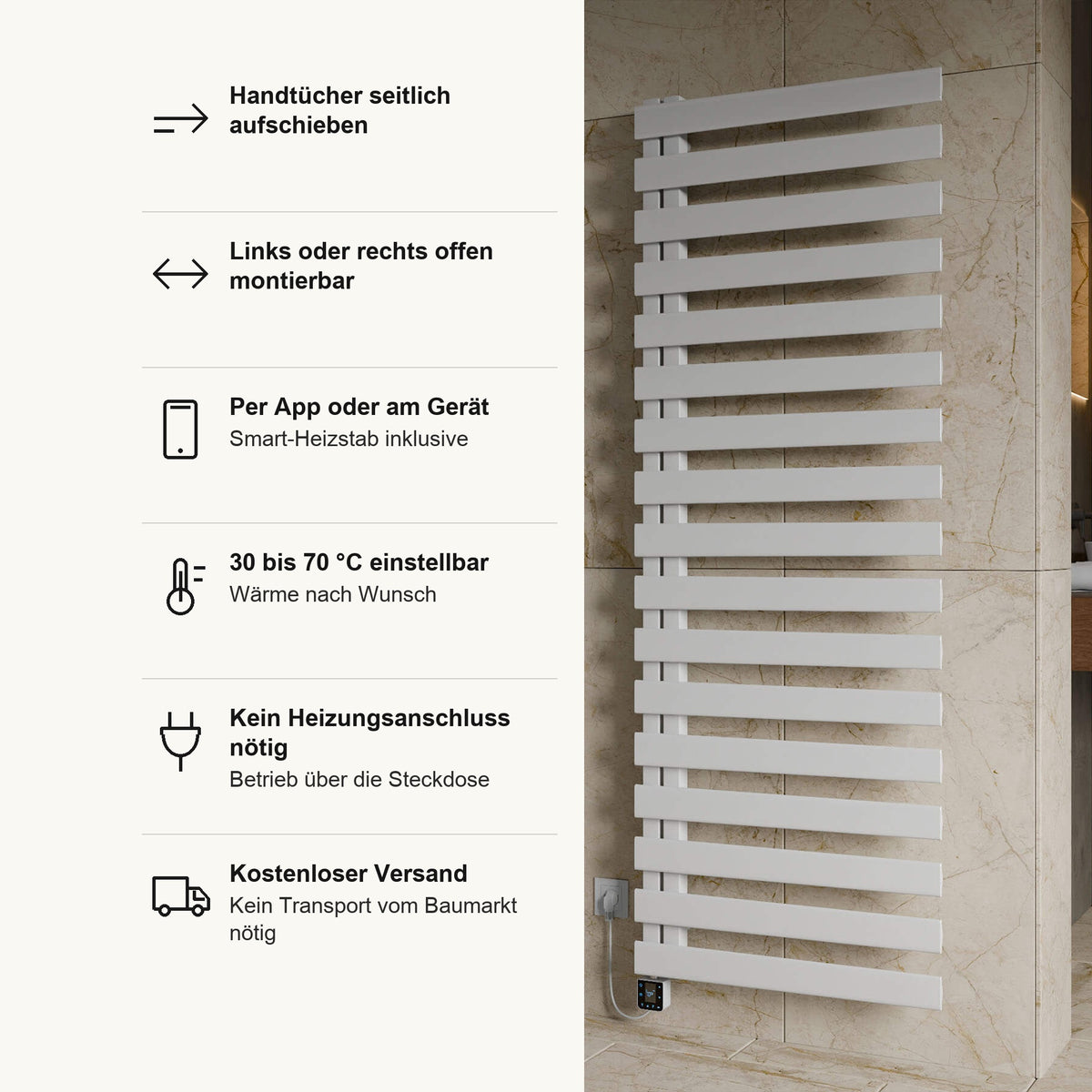 Badheizkörper IMPULSE elektrisch in Weiß, Vorteile im Überblick: Handtücher seitlich aufschieben, links oder rechts offen montierbar, Smart Heizstab inklusive, per App oder am Gerät, 30 bis 70 °C einstellbar, kein Heizungsanschluss nötig, Betrieb über die Steckdose, kostenloser Versand