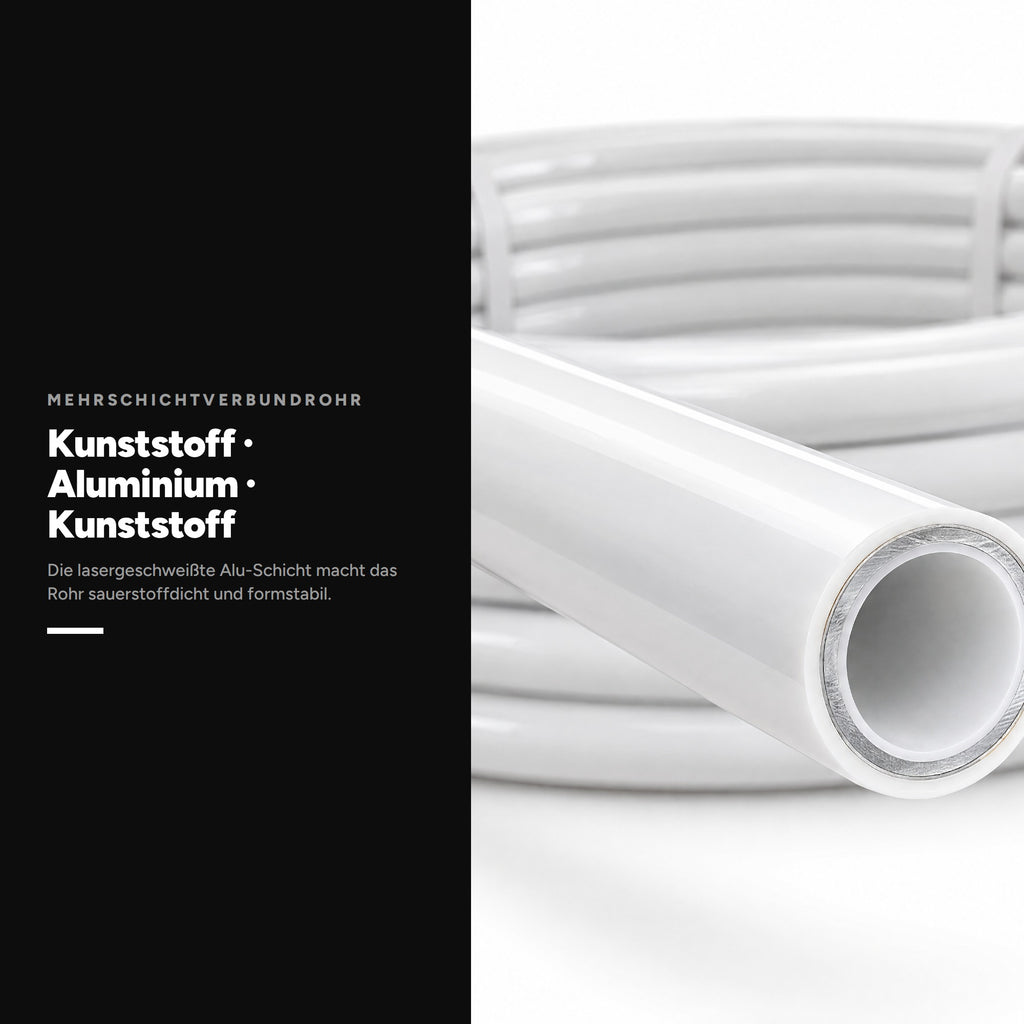 Mehrschichtverbundrohr 16 x 2 mm, Aufbau aus Kunststoff, Aluminium und Kunststoff mit lasergeschweißter Aluschicht