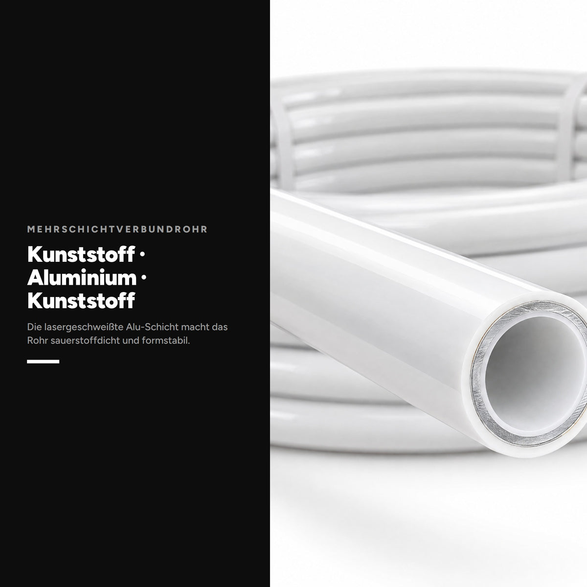 Mehrschichtverbundrohr 16 x 2 mm, Aufbau aus Kunststoff, Aluminium und Kunststoff mit lasergeschweißter Aluschicht