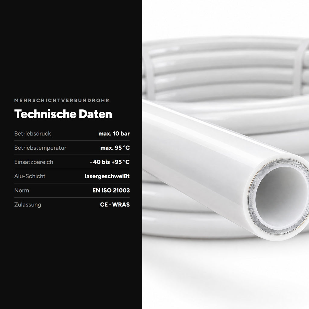 Mehrschichtverbundrohr 16 x 2 mm, technische Daten: bis 10 bar und 95 °C, Einsatzbereich minus 40 bis plus 95 °C, EN ISO 21003, CE und WRAS laut Rohraufdruck
