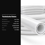 Mehrschichtverbundrohr 16 x 2 mm, technische Daten: bis 10 bar und 95 °C, Einsatzbereich minus 40 bis plus 95 °C, EN ISO 21003, CE und WRAS laut Rohraufdruck