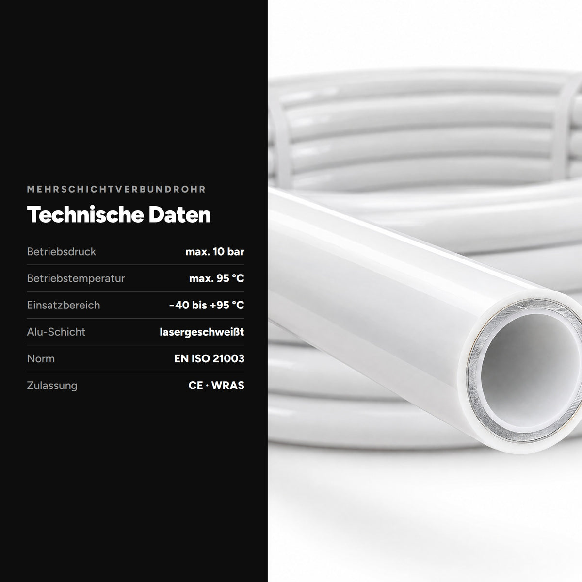 Mehrschichtverbundrohr 16 x 2 mm, technische Daten: bis 10 bar und 95 °C, Einsatzbereich minus 40 bis plus 95 °C, EN ISO 21003, CE und WRAS laut Rohraufdruck