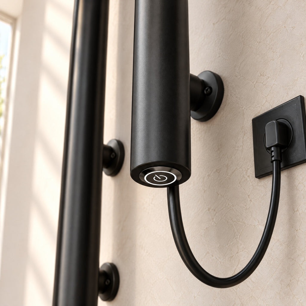 Badheizkörper OSLO elektrisch in Schwarz, Nahaufnahme des Schalters am Rohrende mit Kabel zur Steckdose