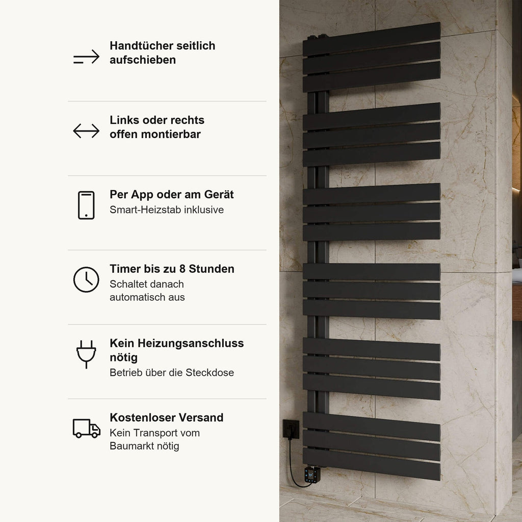 Badheizkörper PRESTIGE elektrisch in Anthrazit, Vorteile im Überblick: Handtücher seitlich aufschieben, links oder rechts offen montierbar, Smart Heizstab inklusive, per App oder am Gerät, Timer bis 8 Stunden, kein Heizungsanschluss nötig, Betrieb über die Steckdose, kostenloser Versand