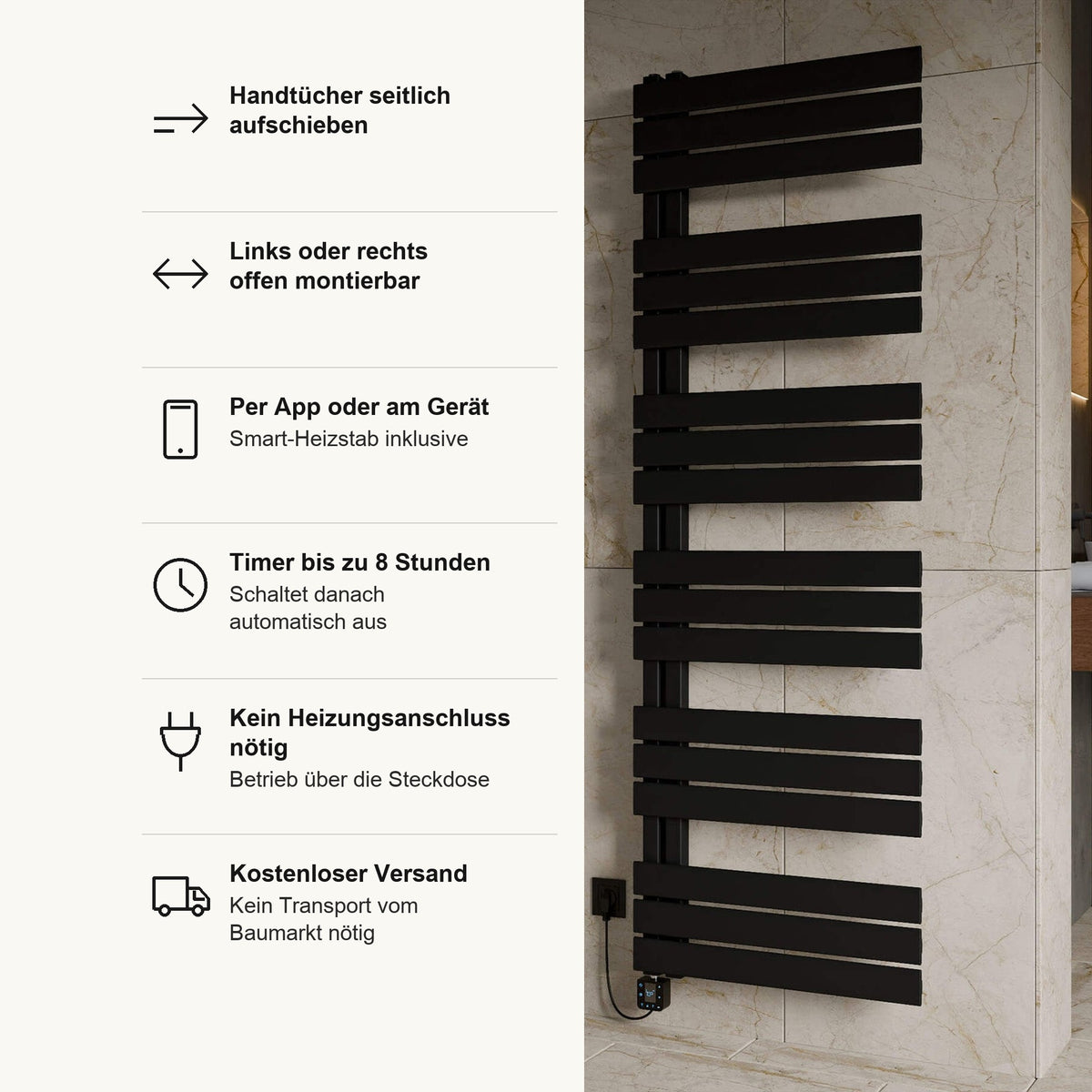 Badheizkörper PRESTIGE elektrisch in Schwarz, Vorteile im Überblick: Handtücher seitlich aufschieben, links oder rechts offen montierbar, Smart Heizstab inklusive, per App oder am Gerät, Timer bis 8 Stunden, kein Heizungsanschluss nötig, Betrieb über die Steckdose, kostenloser Versand
