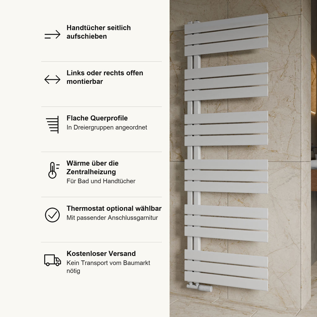 Badheizkörper PRESTIGE in Weiß, Vorteile im Überblick: Handtücher seitlich aufschieben, links oder rechts offen montierbar, flache Querprofile in Dreiergruppen, Wärme über die Zentralheizung, Thermostat optional mit passender Anschlussgarnitur, kostenloser Versand