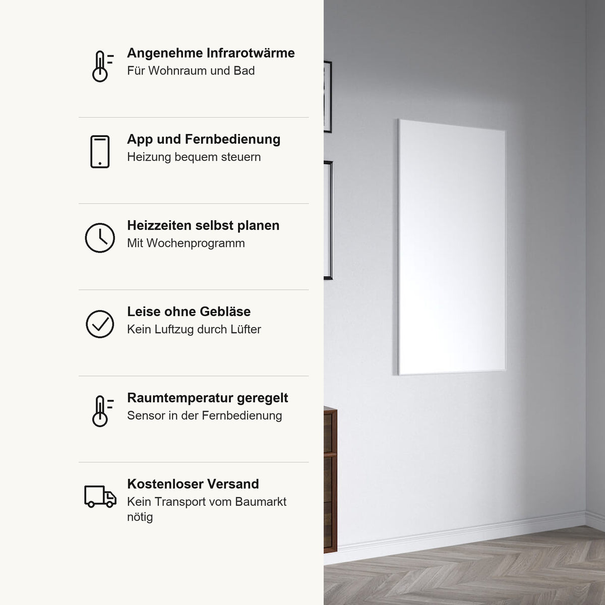 VAKIA Infrarotheizung in Weiß, Vorteile im Überblick: angenehme Infrarotwärme für Wohnraum und Bad, App und Fernbedienung, Heizzeiten mit Wochenprogramm, leise ohne Gebläse, Raumtemperatur geregelt über den Sensor in der Fernbedienung, kostenloser Versand
