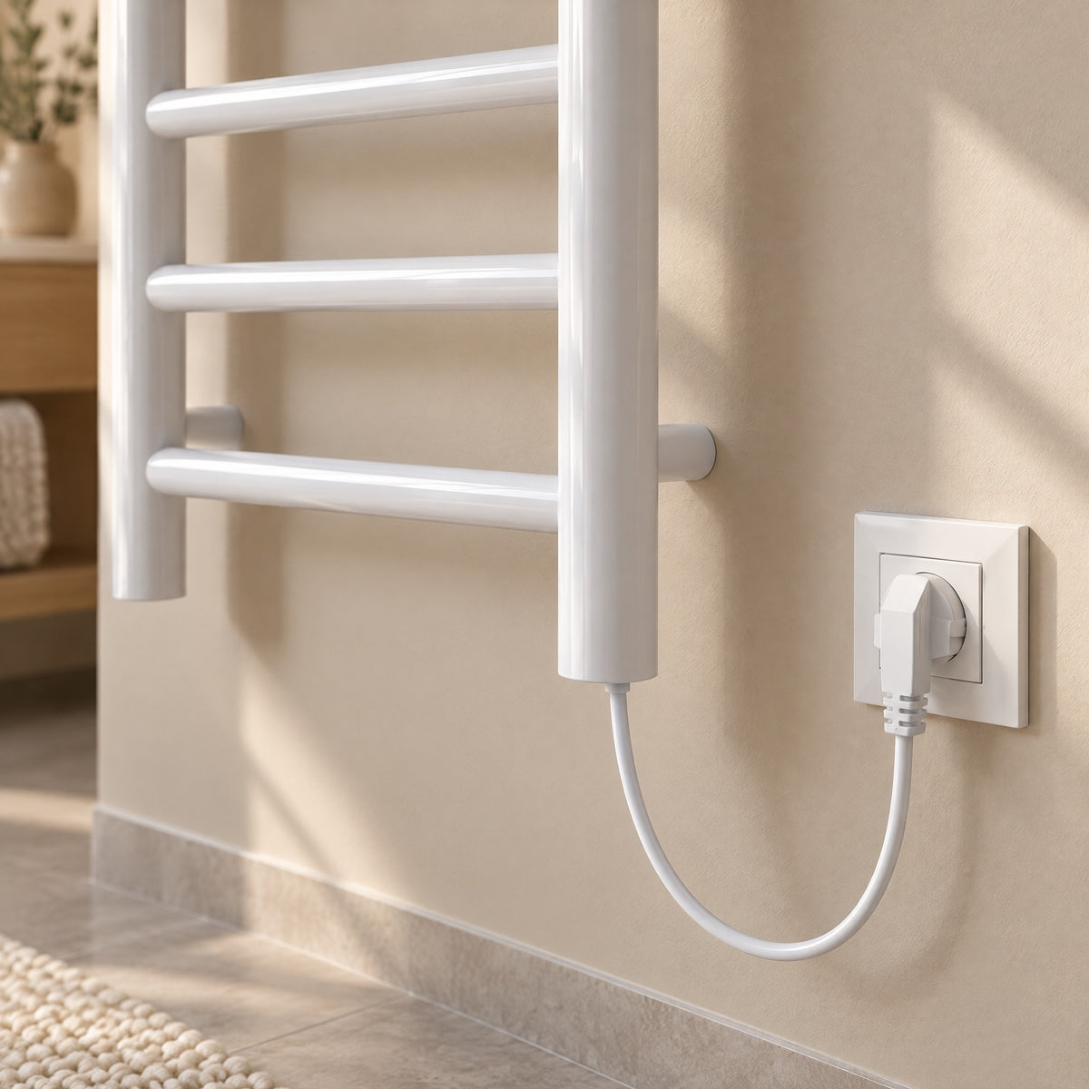 Badheizkörper VALENCIA elektrisch in Weiß, Anschlusskabel unten mit Stecker an der Steckdose