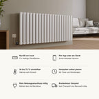 Paneelheizkörper VENEZIA horizontal elektrisch in Weiß, Vorteile im Überblick: nur 60 cm hoch, Smart Heizstab inklusive, per App oder am Gerät, 30 bis 70 °C einstellbar, Heizzeiten mit Timer und Wochenplan, kein Heizungsanschluss nötig, Betrieb über die Steckdose, kostenloser Versand