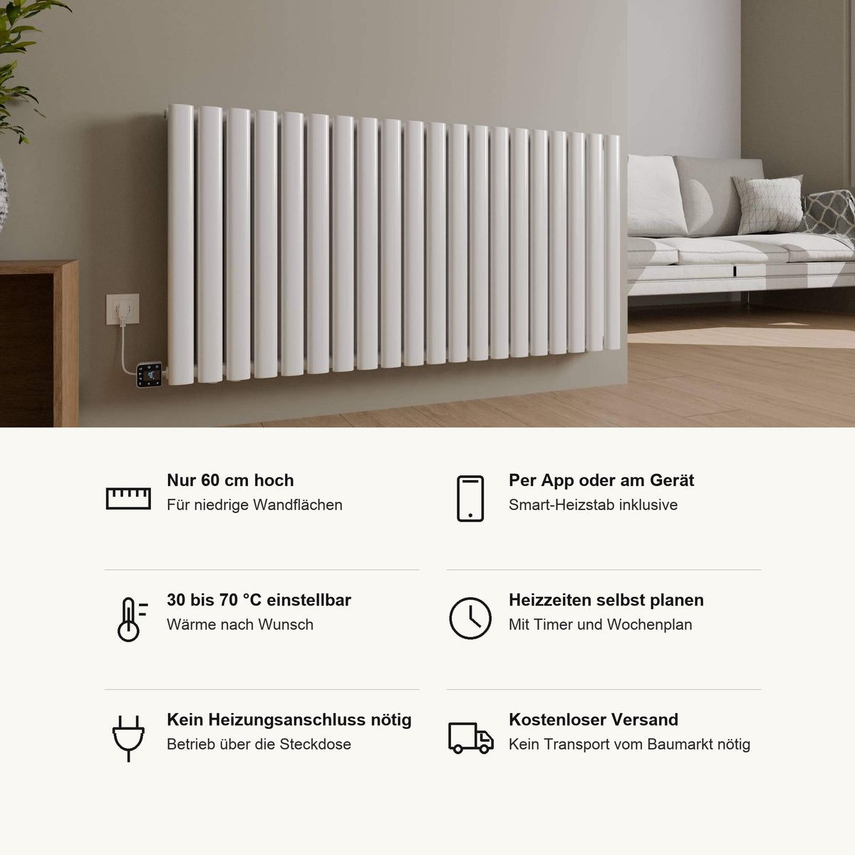 Paneelheizkörper VENEZIA horizontal elektrisch in Weiß, Vorteile im Überblick: nur 60 cm hoch, Smart Heizstab inklusive, per App oder am Gerät, 30 bis 70 °C einstellbar, Heizzeiten mit Timer und Wochenplan, kein Heizungsanschluss nötig, Betrieb über die Steckdose, kostenloser Versand