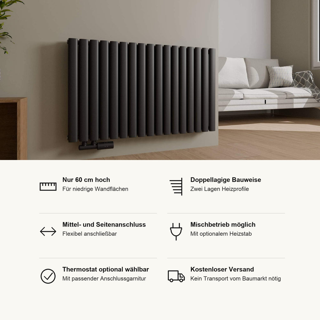 Paneelheizkörper VENEZIA horizontal in Schwarz, Vorteile im Überblick: nur 60 cm hoch, doppellagige Bauweise, Mittelanschluss und Seitenanschluss, Mischbetrieb mit optionalem Heizstab, Thermostat optional mit passender Anschlussgarnitur, kostenloser Versand