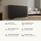 Paneelheizkörper VENEZIA horizontal in Schwarz, Vorteile im Überblick: nur 60 cm hoch, doppellagige Bauweise, Mittelanschluss und Seitenanschluss, Mischbetrieb mit optionalem Heizstab, Thermostat optional mit passender Anschlussgarnitur, kostenloser Versand