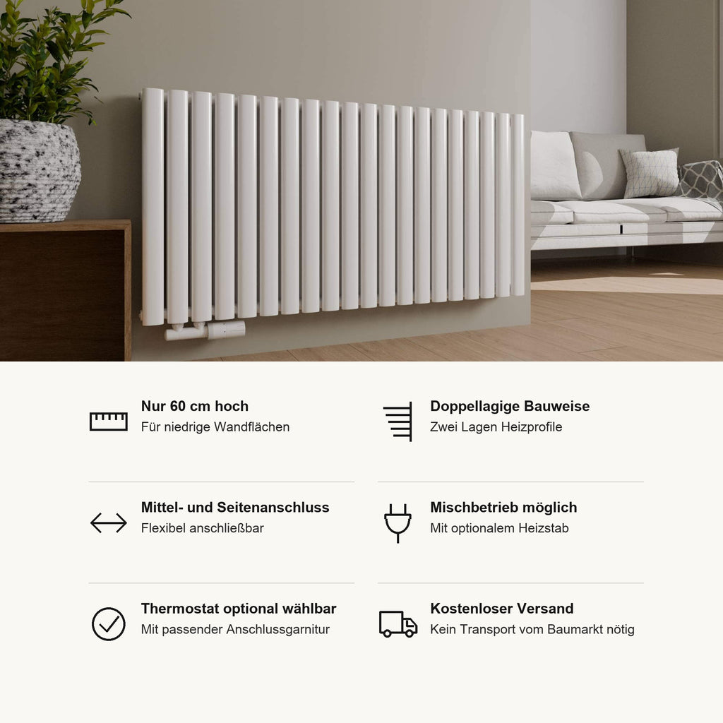 Paneelheizkörper VENEZIA horizontal in Weiß, Vorteile im Überblick: nur 60 cm hoch, doppellagige Bauweise, Mittelanschluss und Seitenanschluss, Mischbetrieb mit optionalem Heizstab, Thermostat optional mit passender Anschlussgarnitur, kostenloser Versand