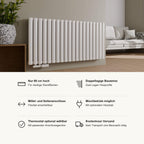 Paneelheizkörper VENEZIA horizontal in Weiß, Vorteile im Überblick: nur 60 cm hoch, doppellagige Bauweise, Mittelanschluss und Seitenanschluss, Mischbetrieb mit optionalem Heizstab, Thermostat optional mit passender Anschlussgarnitur, kostenloser Versand
