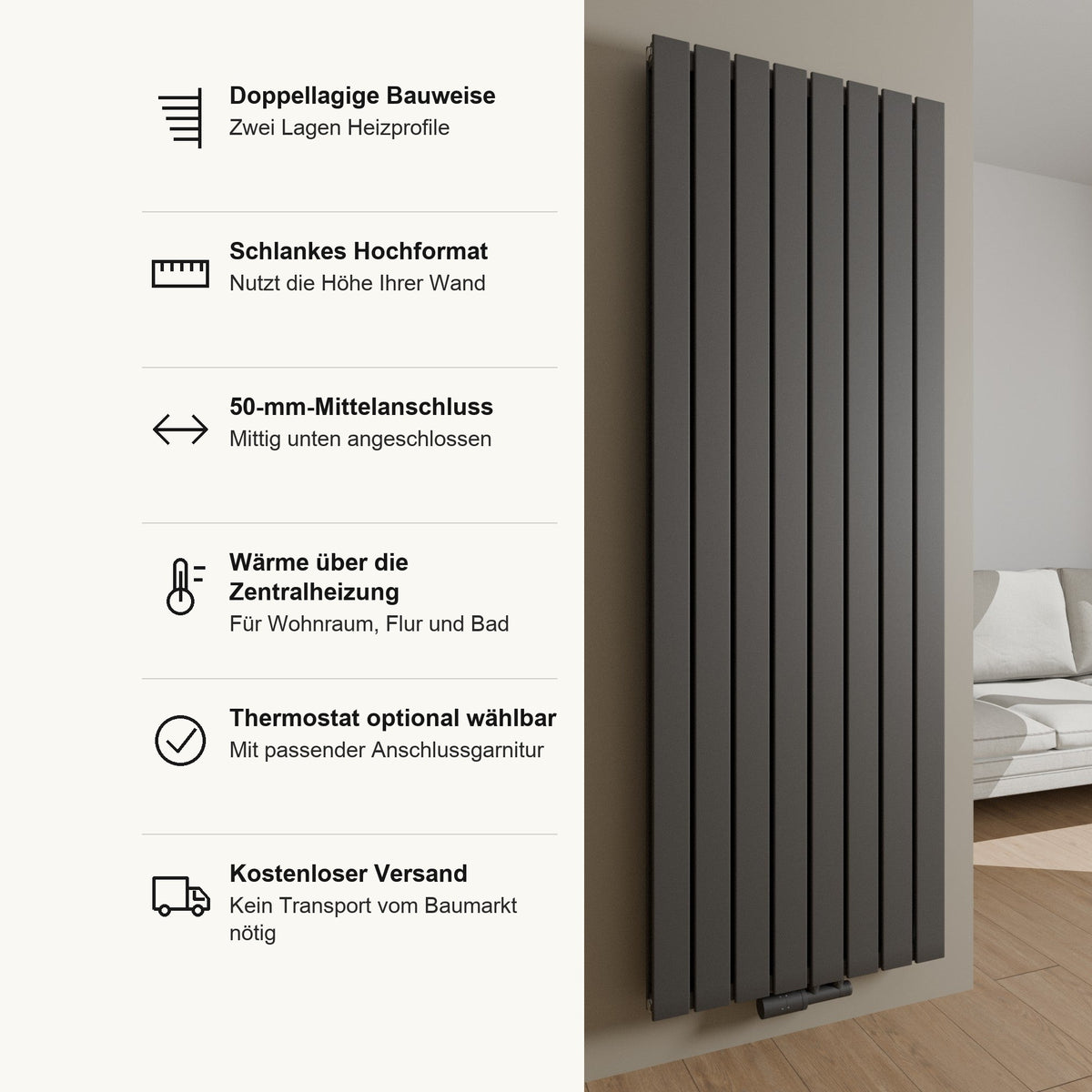 Flachheizkörper VENUE in Anthrazit, Vorteile im Überblick: doppellagige Bauweise, schlankes Hochformat, Mittelanschluss 50 mm mittig unten, Wärme über die Zentralheizung für Wohnraum, Flur und Bad, Thermostat optional mit passender Anschlussgarnitur, kostenloser Versand