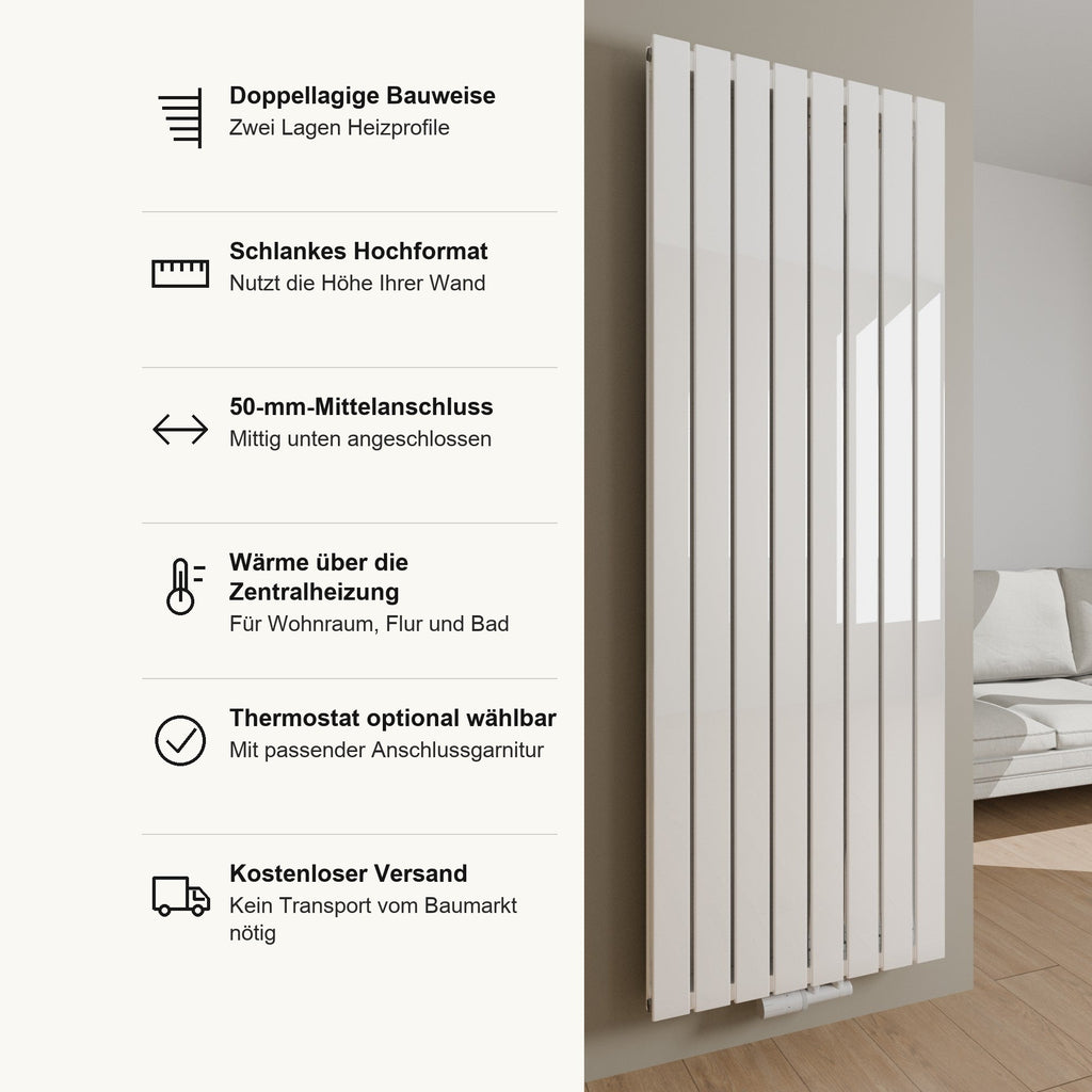 Flachheizkörper VENUE in Weiß, Vorteile im Überblick: doppellagige Bauweise, schlankes Hochformat, Mittelanschluss 50 mm mittig unten, Wärme über die Zentralheizung für Wohnraum, Flur und Bad, Thermostat optional mit passender Anschlussgarnitur, kostenloser Versand