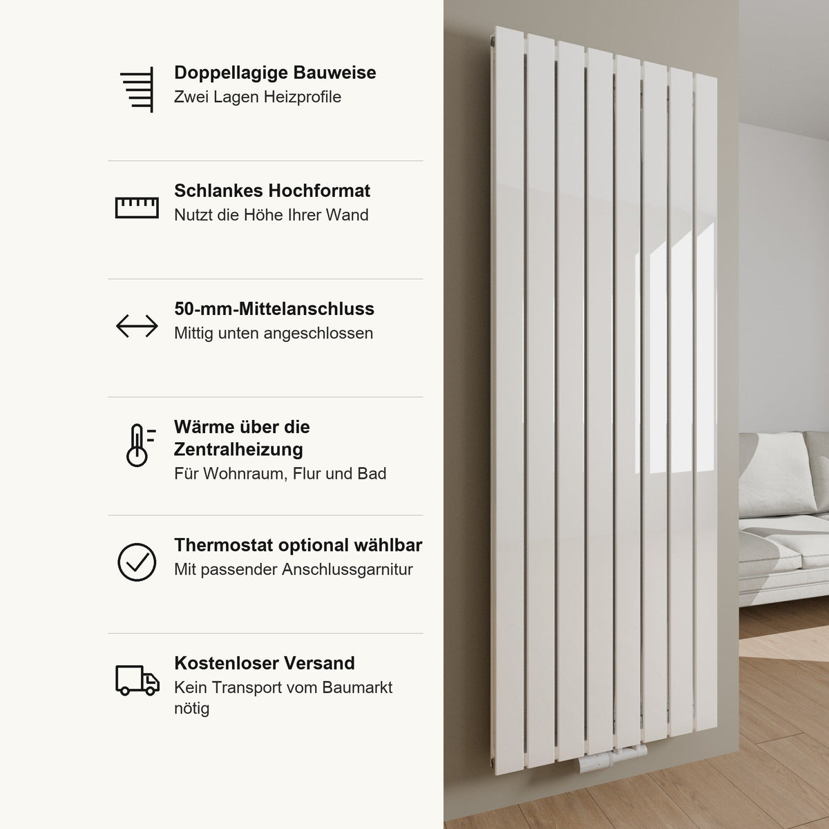 Flachheizkörper VENUE in Weiß, Vorteile im Überblick: doppellagige Bauweise, schlankes Hochformat, Mittelanschluss 50 mm mittig unten, Wärme über die Zentralheizung für Wohnraum, Flur und Bad, Thermostat optional mit passender Anschlussgarnitur, kostenloser Versand