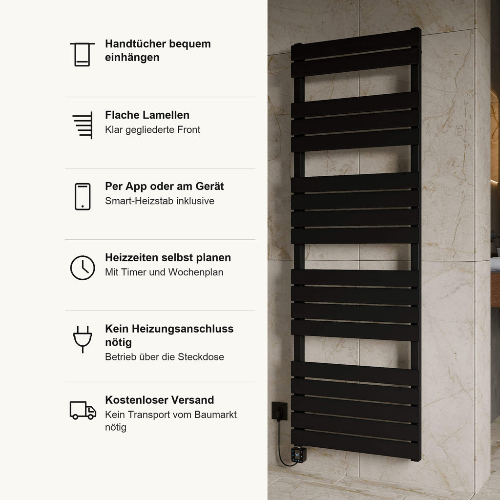 Badheizkörper VOGUE elektrisch in Schwarz, Vorteile im Überblick: Handtücher bequem einhängen, flache Lamellen, Smart Heizstab inklusive, per App oder am Gerät, Heizzeiten mit Timer und Wochenplan, kein Heizungsanschluss nötig, Betrieb über die Steckdose, kostenloser Versand