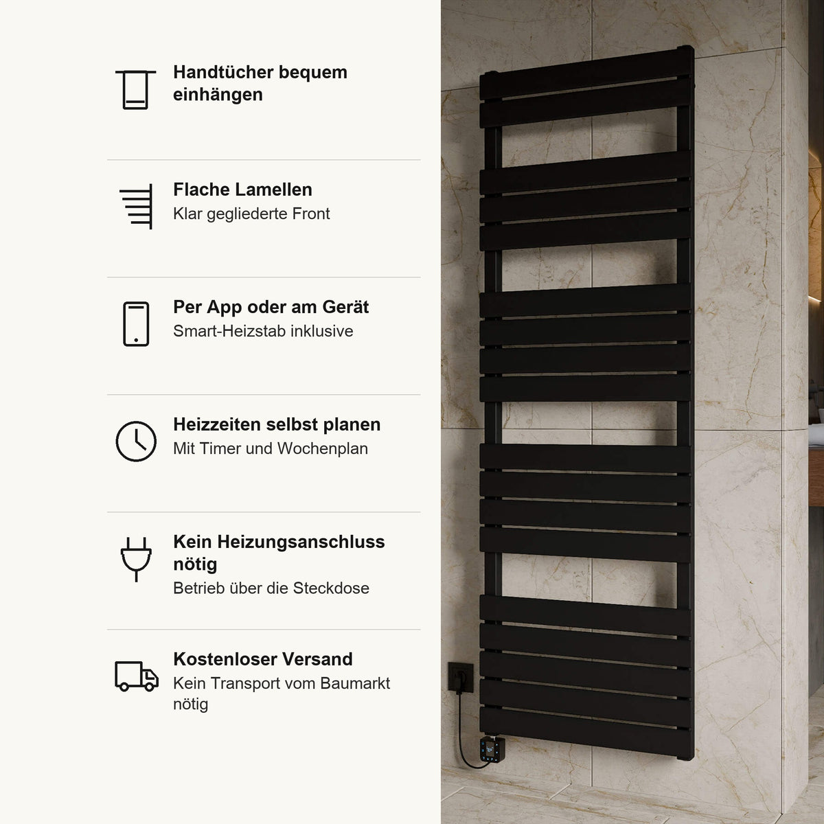 Badheizkörper VOGUE elektrisch in Schwarz, Vorteile im Überblick: Handtücher bequem einhängen, flache Lamellen, Smart Heizstab inklusive, per App oder am Gerät, Heizzeiten mit Timer und Wochenplan, kein Heizungsanschluss nötig, Betrieb über die Steckdose, kostenloser Versand