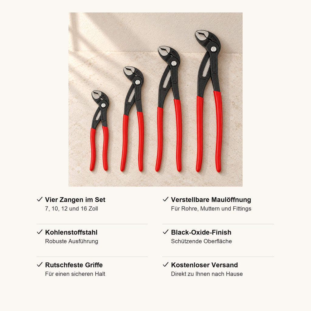 Wasserpumpenzangen Set, Vorteile im Überblick: vier Zangen in 7, 10, 12 und 16 Zoll, verstellbare Maulöffnung für Rohre, Muttern und Fittings, Kohlenstoffstahl, Black Oxide Finish, rutschfeste Griffe, kostenloser Versand