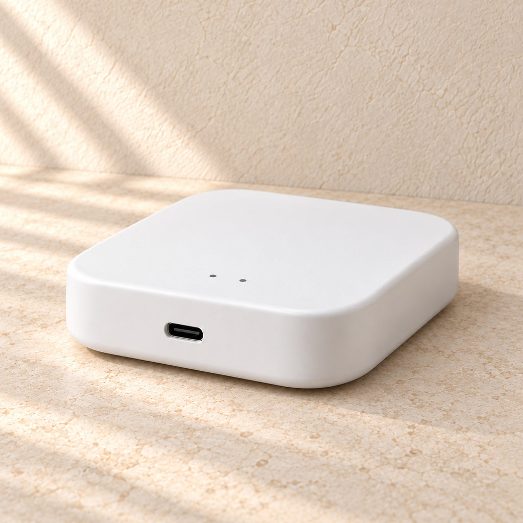 Zigbee Gateway in Weiß mit USB C Anschluss, Detailansicht
